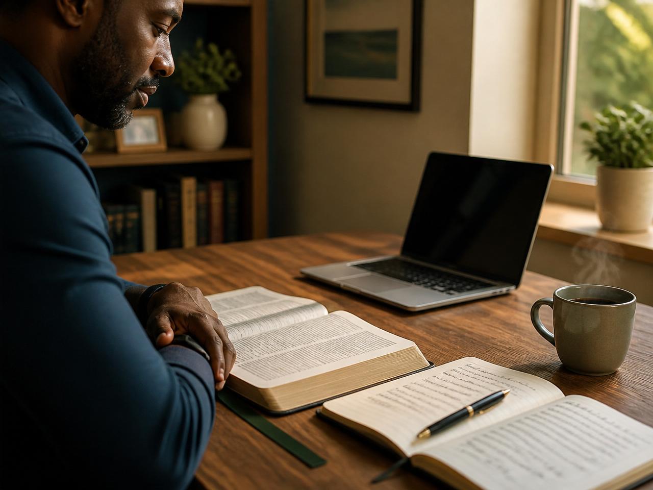 Ministry leader preparing in the early morning with an open Bible, notebook, laptop and coffee in warm natural light