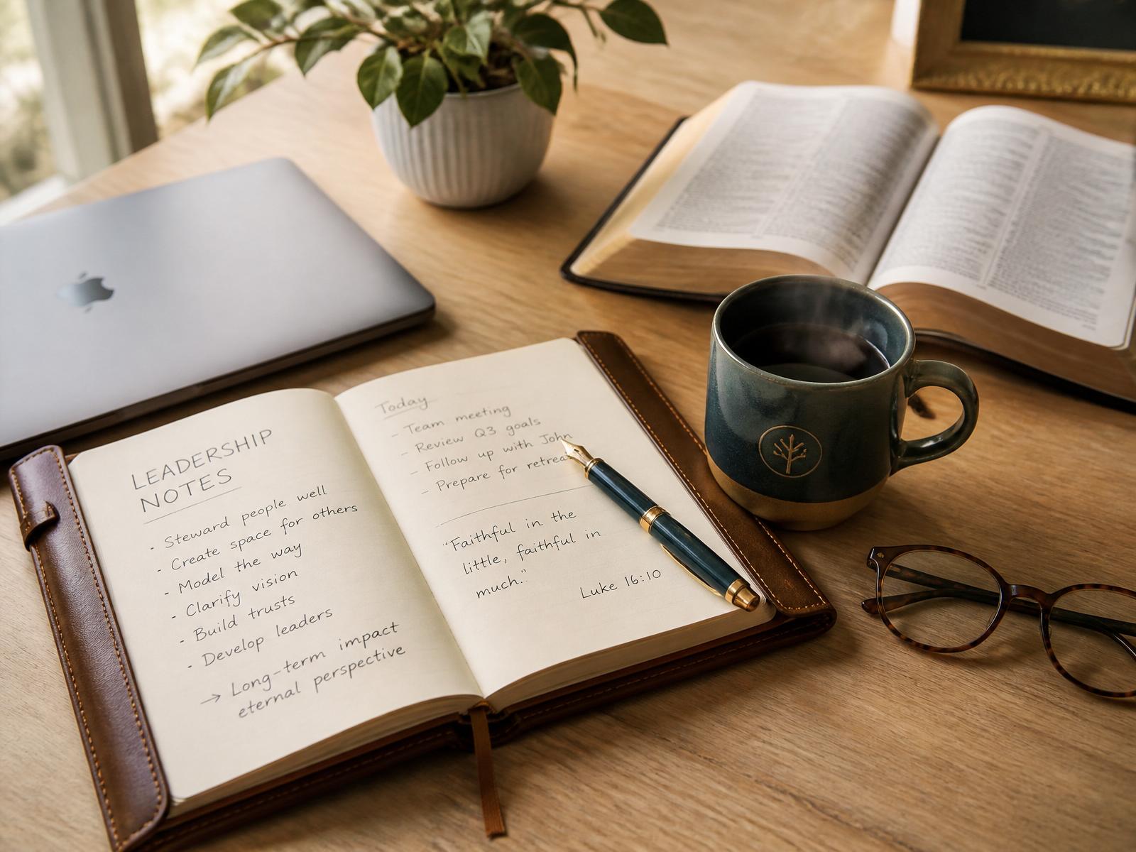 Leather journal with handwritten leadership notes, fountain pen, open Bible, coffee, and laptop on a warm wood table in natural light